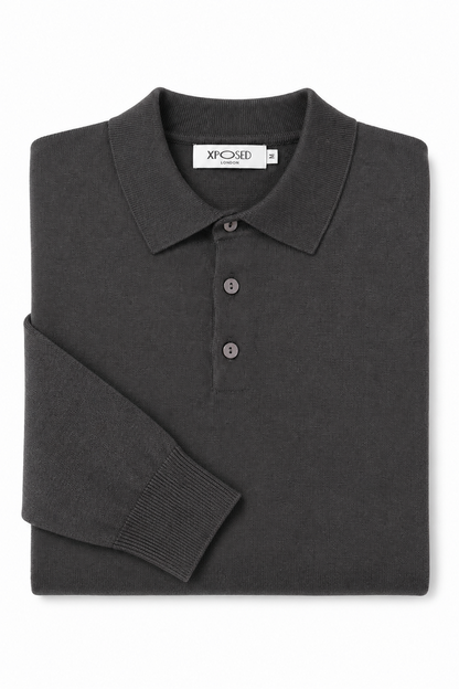Men's Grey 100% Cotton Fine Knit Button Neck Polo Jumper
