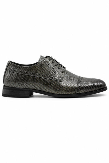 Men's Grey Embossed Faux Leather Lace up Derby Shoes