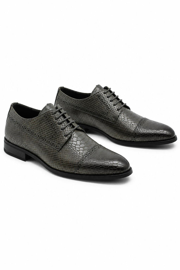 Men's Grey Embossed Faux Leather Lace up Derby Shoes