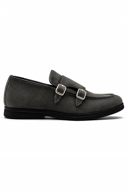 Men's Grey Faux Suede Double Monk Strap Loafers