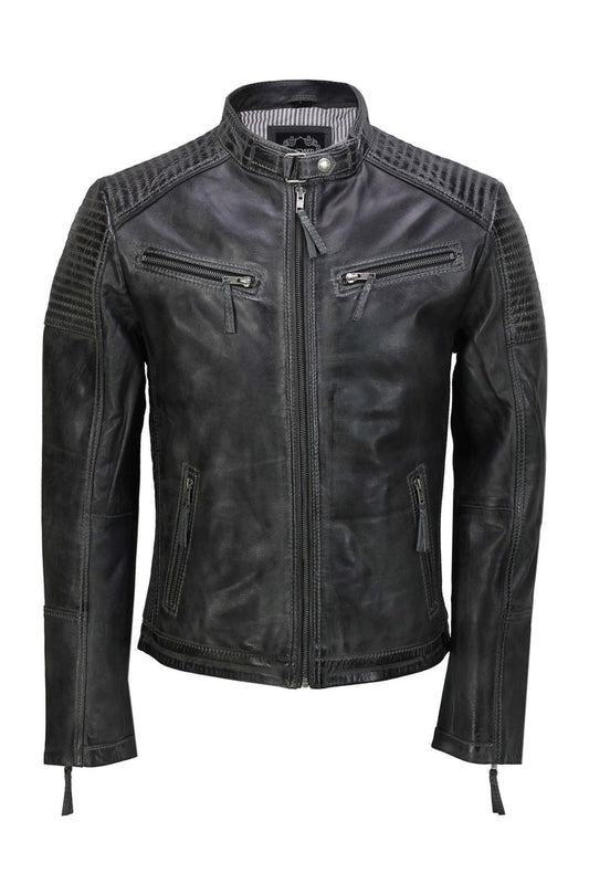 Mens Leather Grey Biker Jacket