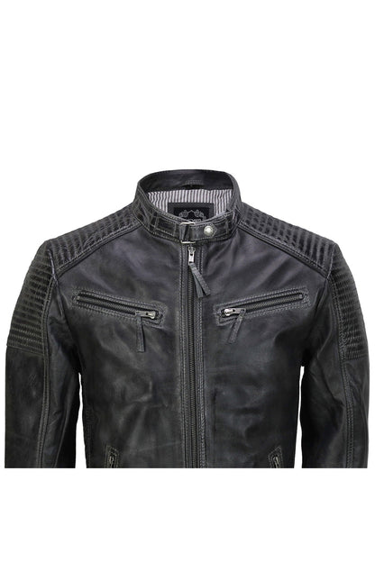 Mens Leather Grey Biker Jacket