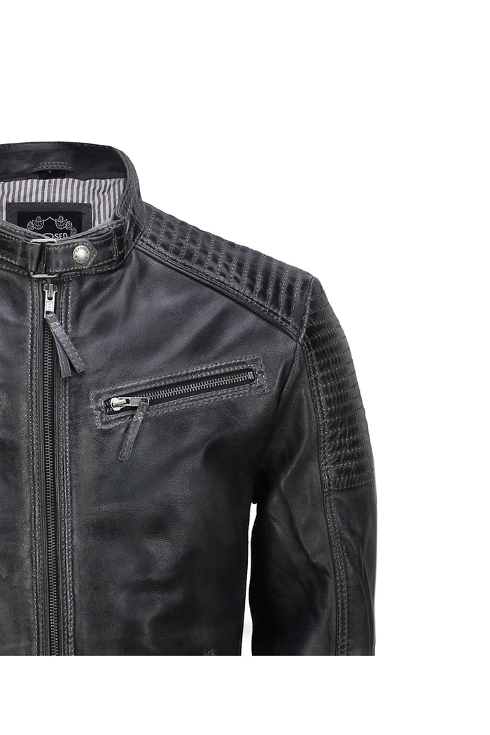 Mens Leather Grey Biker Jacket