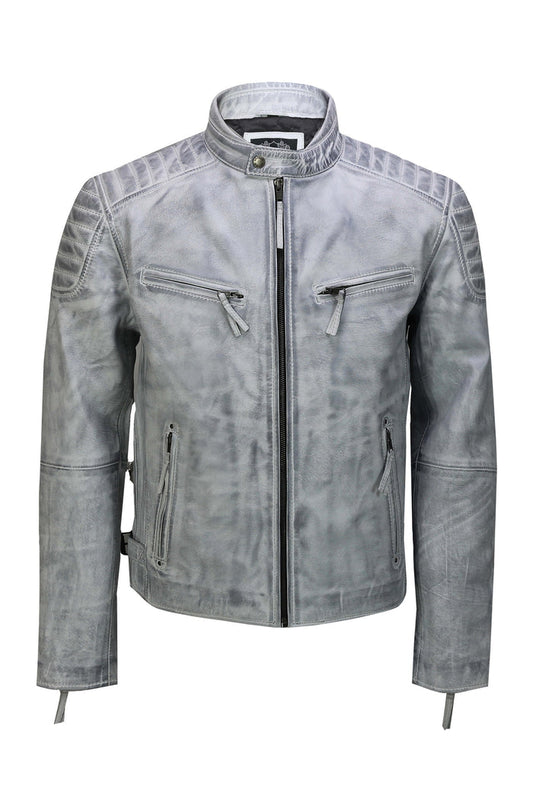 Men's Leather White Biker Jacket