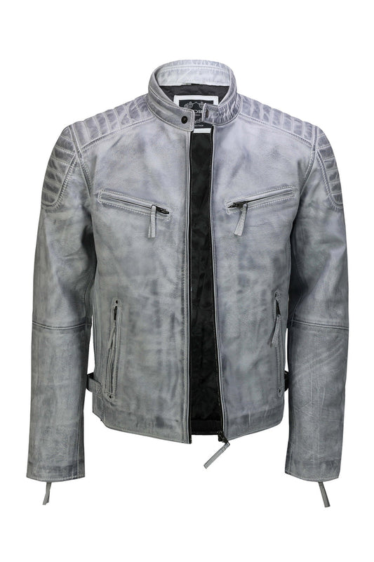 Men's Leather White Biker Jacket