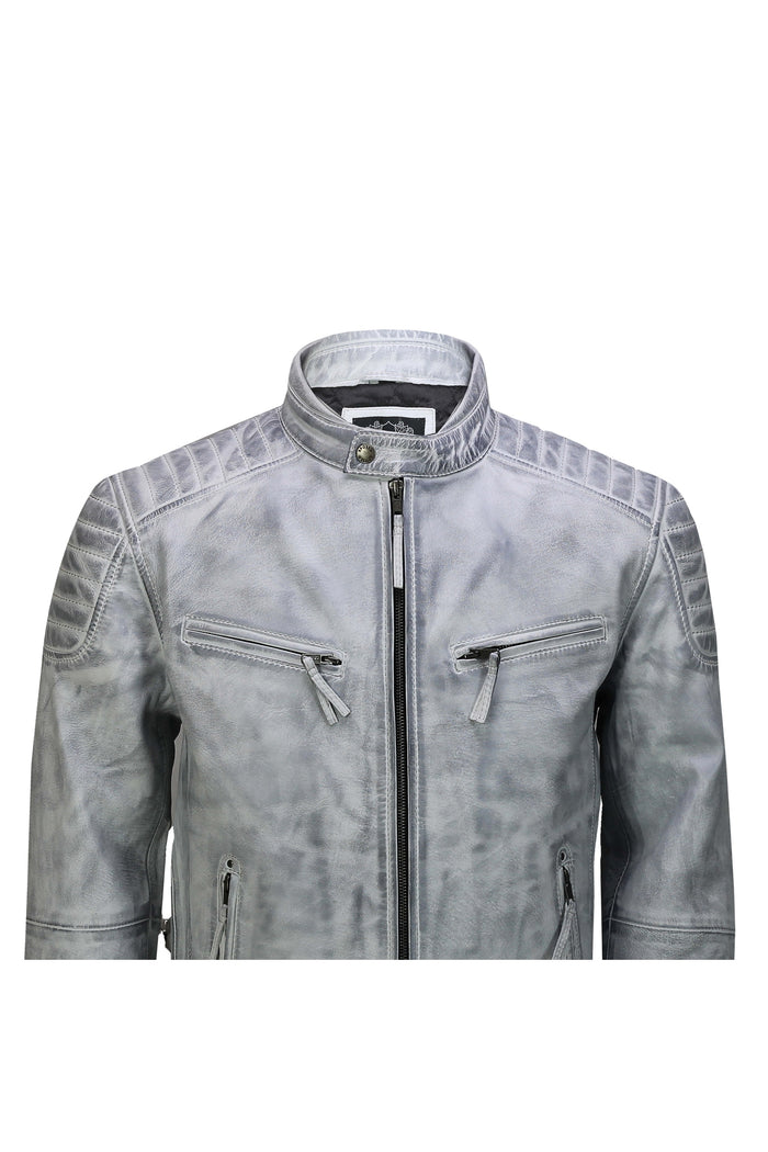 Men's Leather White Biker Jacket