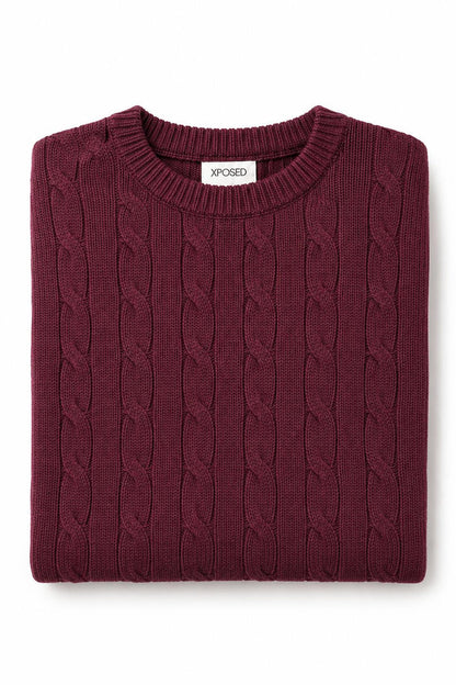 Men's Maroon 100% Cotton Fine Cable Knit Crew Neck Jumper