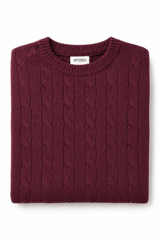Men's Maroon 100% Cotton Fine Cable Knit Crew Neck Jumper