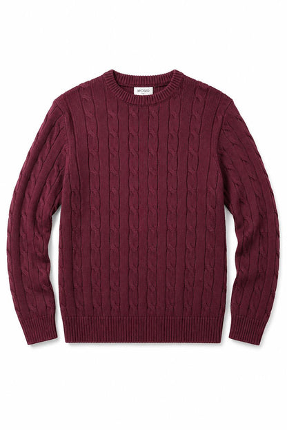 Men's Maroon 100% Cotton Fine Cable Knit Crew Neck Jumper