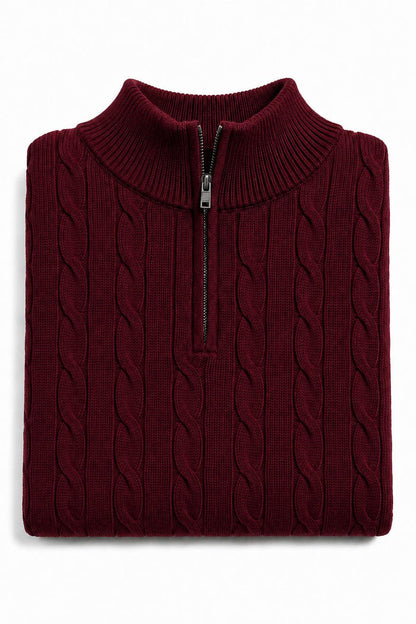 Men's Maroon 100% Cotton Fine Cable Knit Quarter Zip Neck Jumper