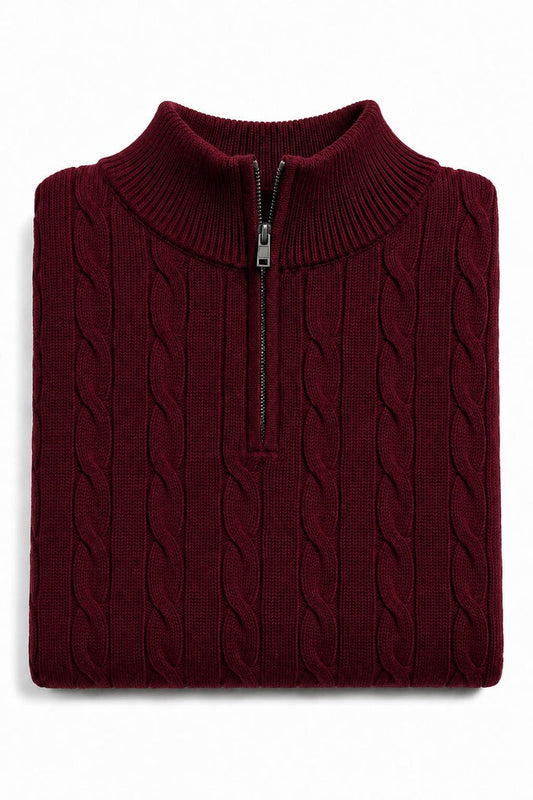 Men's Maroon 100% Cotton Fine Cable Knit Quarter Zip Neck Jumper