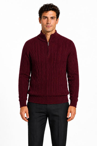 Men's Maroon 100% Cotton Fine Cable Knit Quarter Zip Neck Jumper