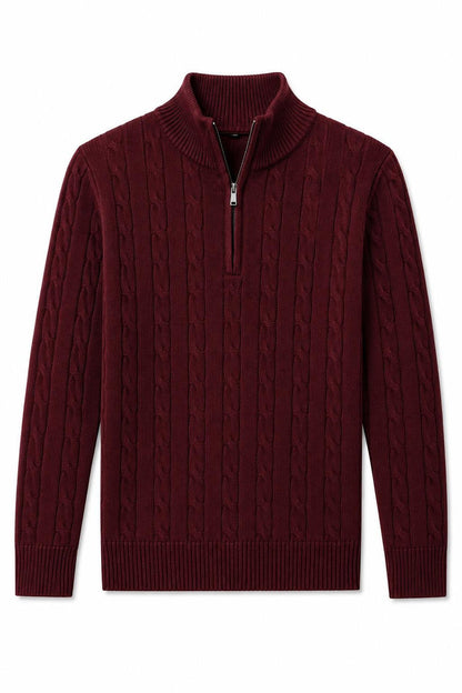 Men's Maroon 100% Cotton Fine Cable Knit Quarter Zip Neck Jumper