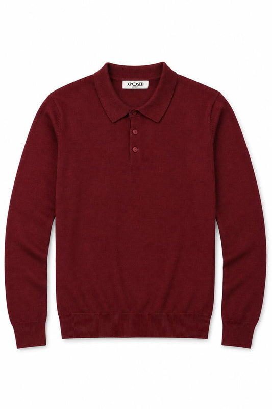 Men's Maroon 100% Cotton Fine Knit Button Neck Polo Jumper