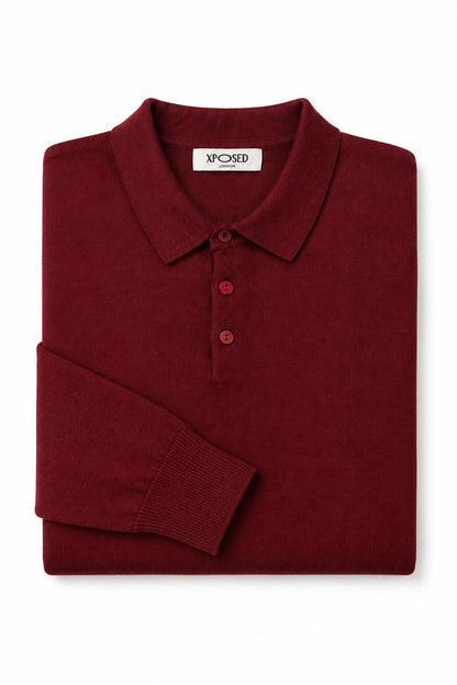 Men's Maroon 100% Cotton Fine Knit Button Neck Polo Jumper
