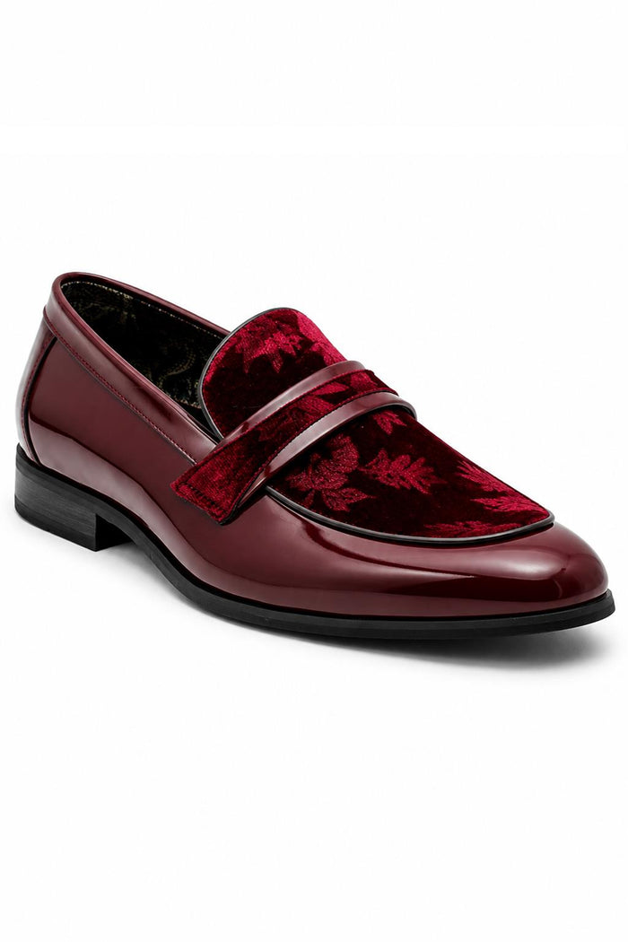 Men's Maroon Floral Velvet Patent Dress Loafers