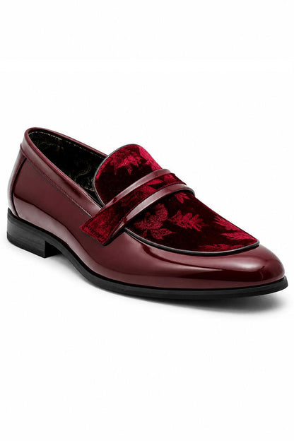 Men's Maroon Floral Velvet Patent Dress Loafers