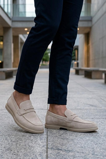 Men’s Milo Beige Suede Leather Penny Loafers