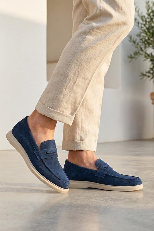 Men’s Milo Navy Blue Suede Leather Penny Loafers