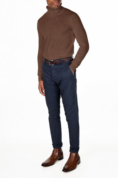 Men's Mocha 100% Cotton Fine Knit Roll Neck Jumper