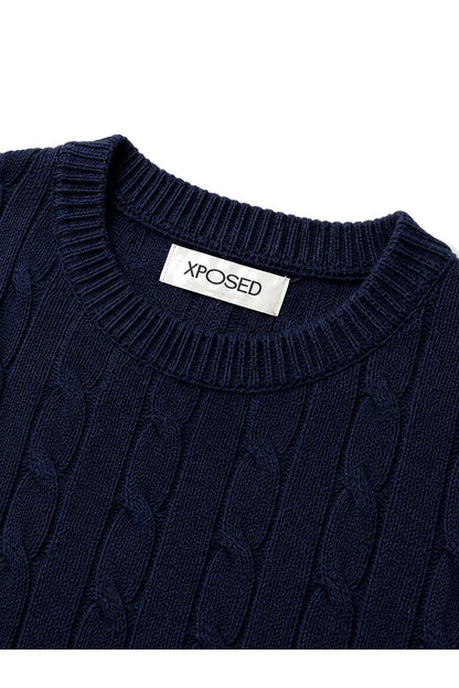 Men's Navy 100% Cotton Fine Cable Knit Crew Neck Jumper