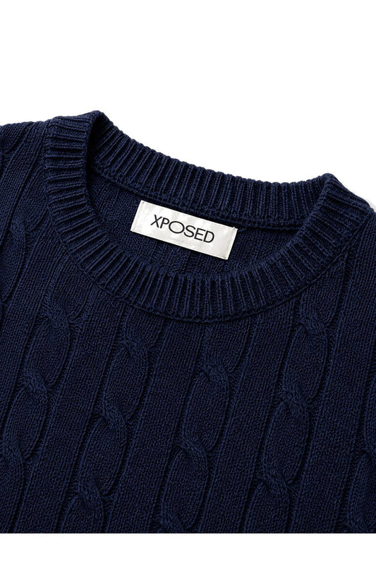 Men's Navy 100% Cotton Fine Cable Knit Crew Neck Jumper
