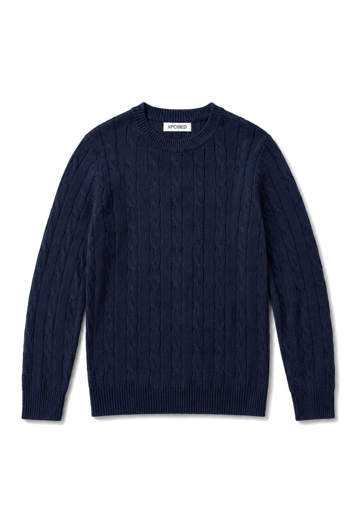 Men's Navy 100% Cotton Fine Cable Knit Crew Neck Jumper