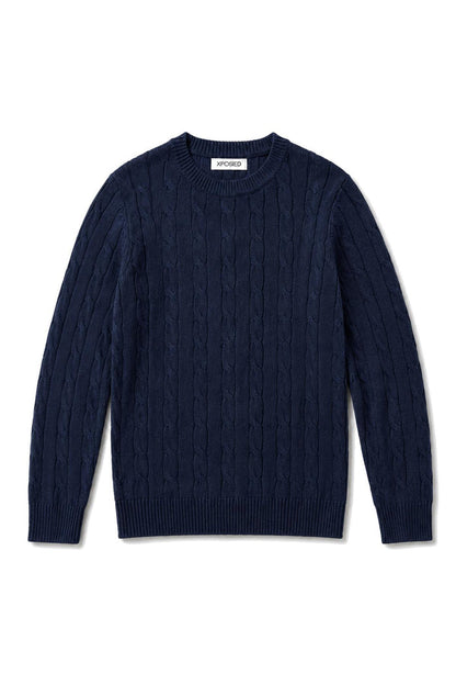 Men's Navy 100% Cotton Fine Cable Knit Crew Neck Jumper