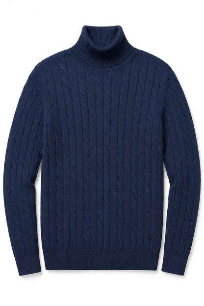 Men's Navy 100% Cotton Fine Cable Knit Roll Neck Jumper