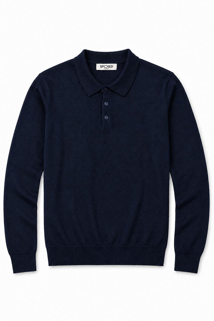 Men's Navy 100% Cotton Fine Knit Button Neck Polo Jumper