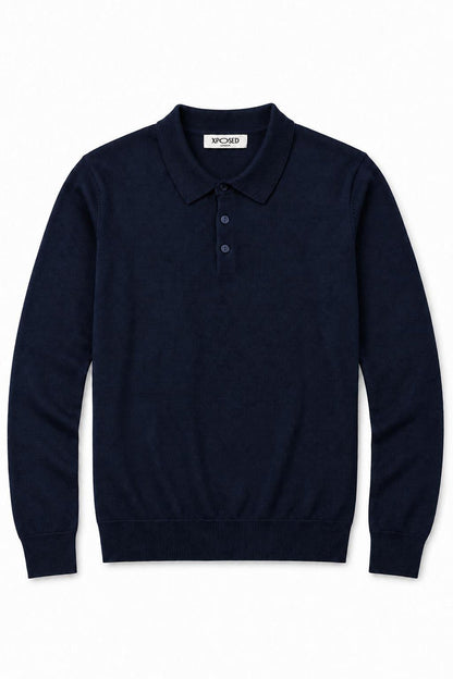 Men's Navy 100% Cotton Fine Knit Button Neck Polo Jumper