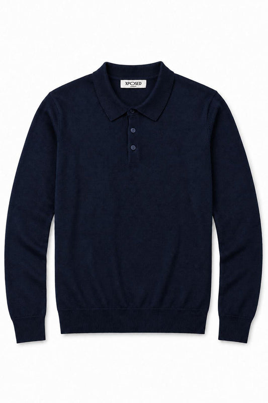 Men's Navy 100% Cotton Fine Knit Button Neck Polo Jumper