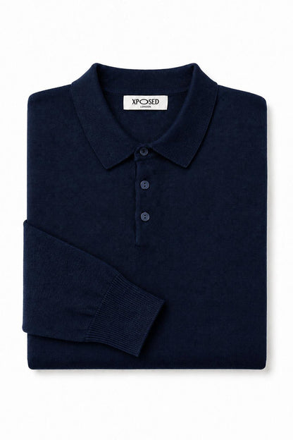Men's Navy 100% Cotton Fine Knit Button Neck Polo Jumper