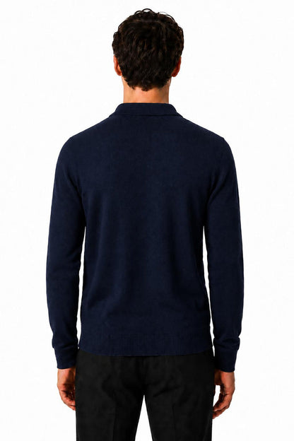 Men's Navy 100% Cotton Fine Knit Button Neck Polo Jumper