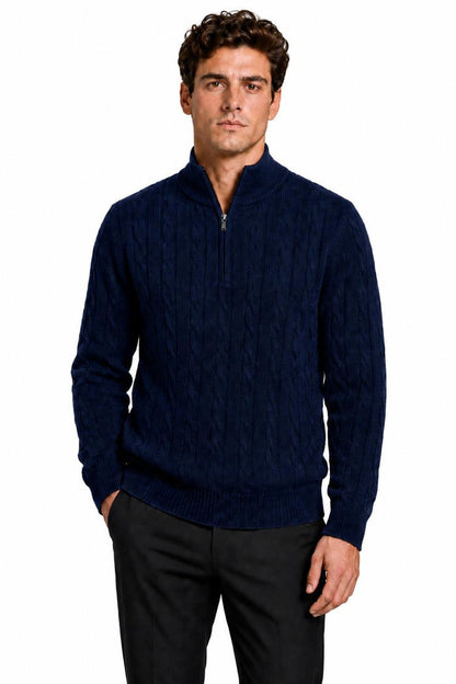 Men's Navy Blue 100% Cotton Fine Cable Knit Quarter Zip Neck Jumper