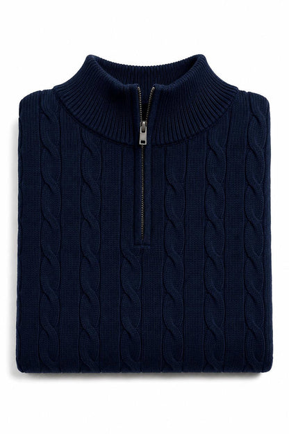 Men's Navy Blue 100% Cotton Fine Cable Knit Quarter Zip Neck Jumper