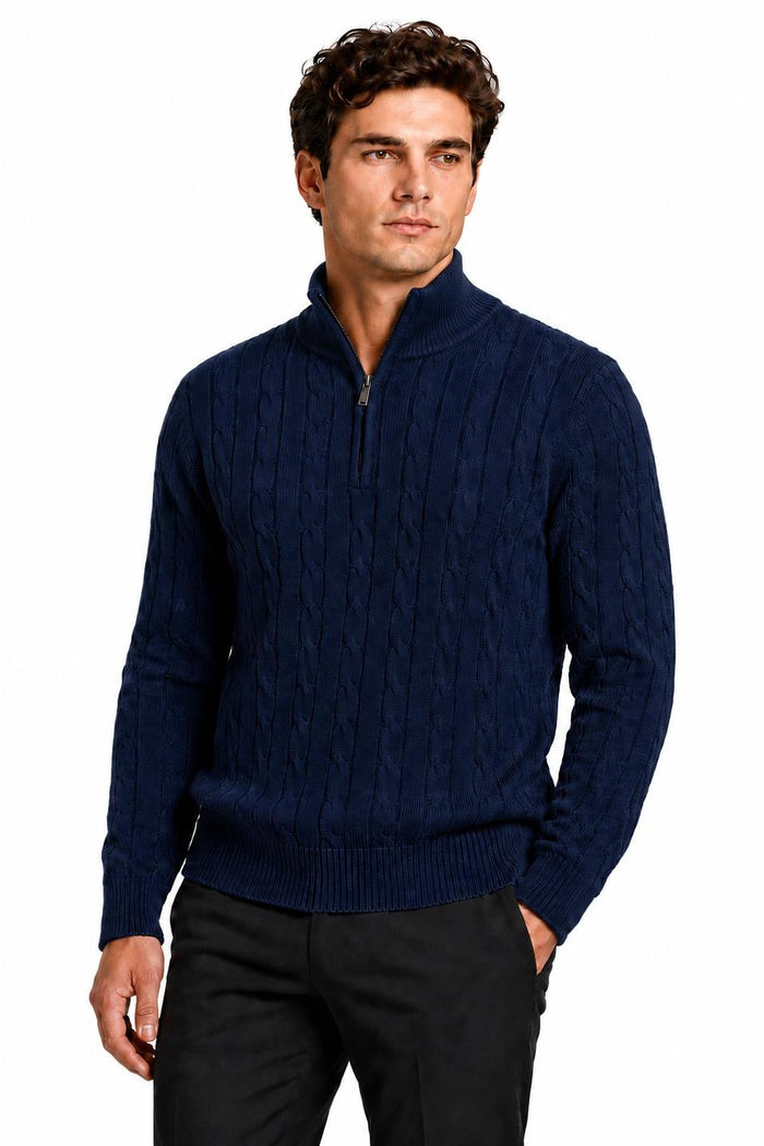 Men's Navy Blue 100% Cotton Fine Cable Knit Quarter Zip Neck Jumper