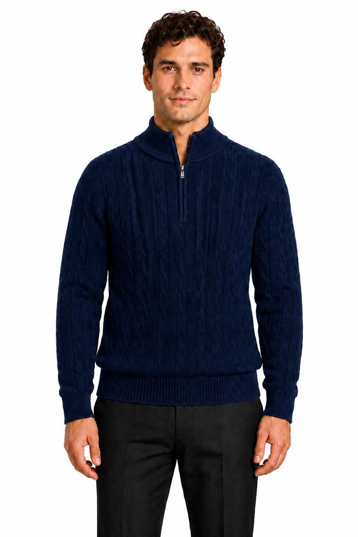 Men's Navy Blue 100% Cotton Fine Cable Knit Quarter Zip Neck Jumper