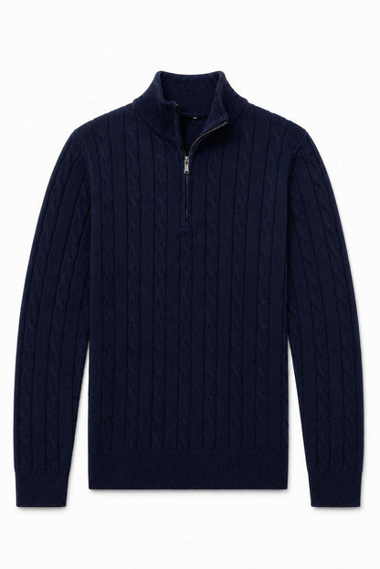 Men's Navy Blue 100% Cotton Fine Cable Knit Quarter Zip Neck Jumper