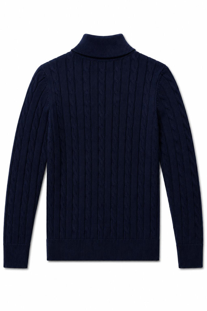 Men's Navy Blue 100% Cotton Fine Cable Knit Quarter Zip Neck Jumper