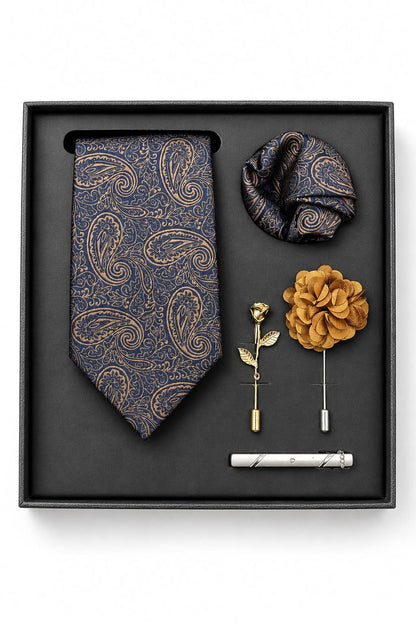 Men’s Navy Blue & Gold Paisley 5-Piece Tie Gift Set