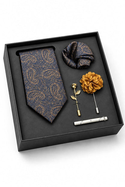Men’s Navy Blue & Gold Paisley 5-Piece Tie Gift Set
