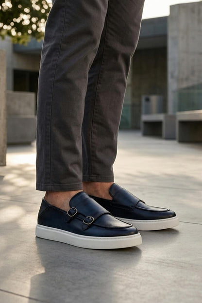 Men's Navy Blue Real Leather Double Monk Strap Trainers White Sole