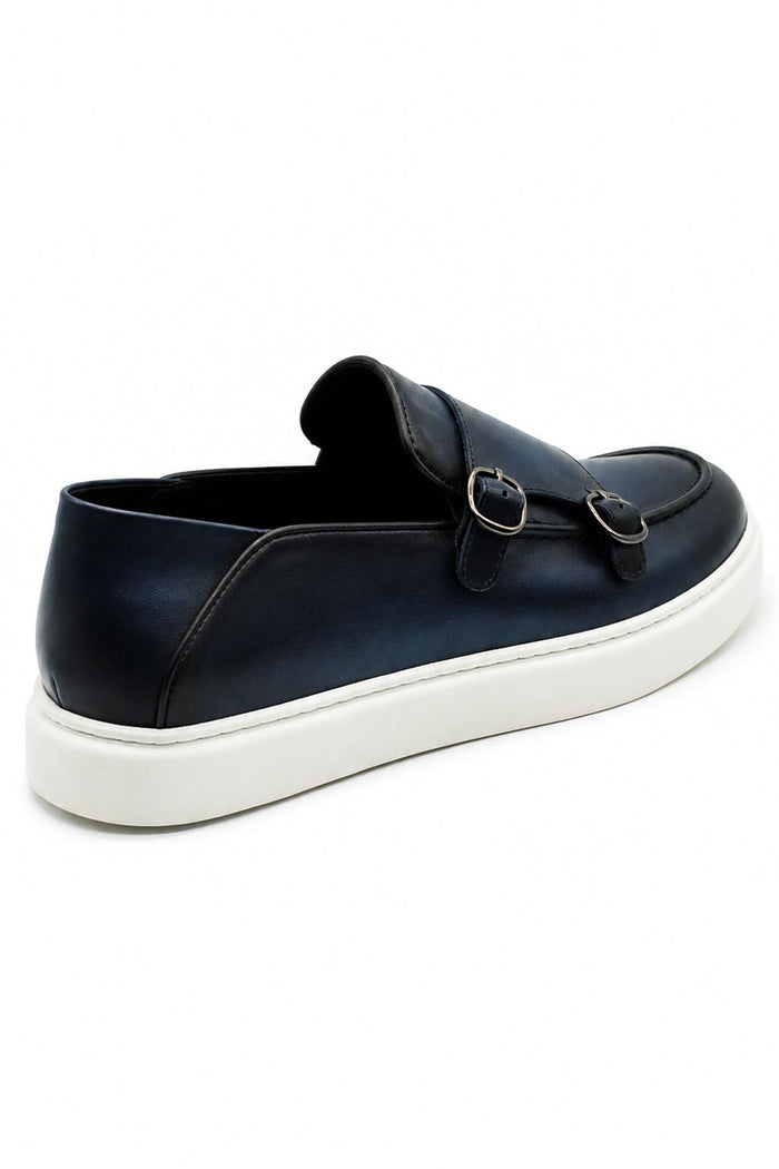 Men's Navy Blue Real Leather Double Monk Strap Trainers White Sole