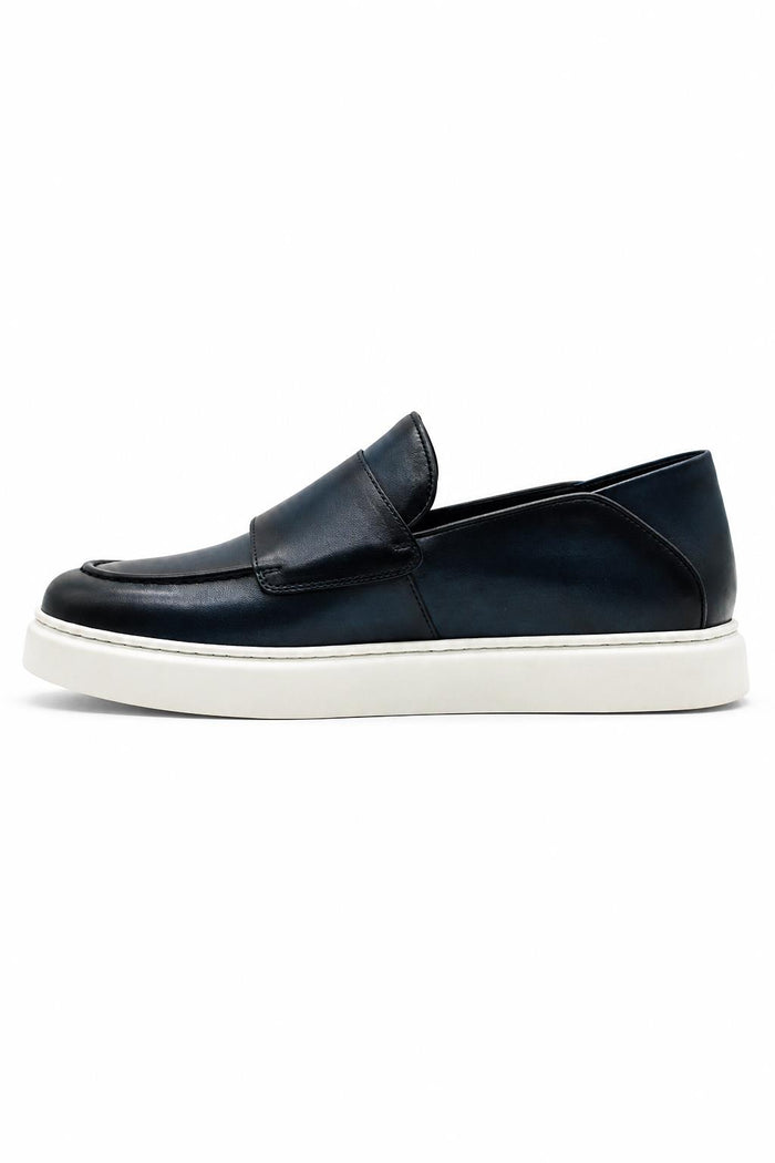 Men's Navy Blue Real Leather Double Monk Strap Trainers White Sole