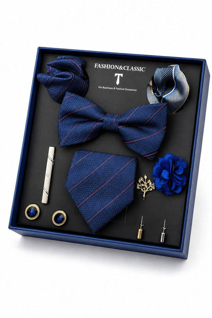 Men’s Navy Blue Stripe 8-Piece Tie & Bow Tie Wedding Gift Set