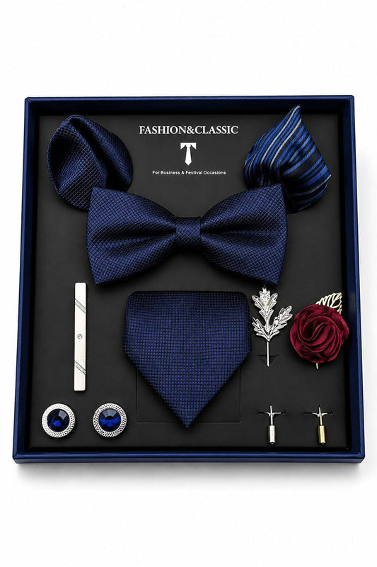 Men’s Navy Blue Textured 8-Piece Tie & Bow Tie Wedding Gift Set