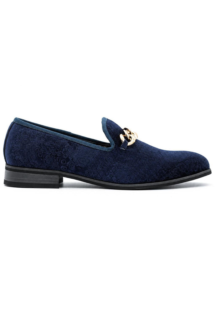 Men's Navy Floral Velvet Gold Chain Wedding Loafers