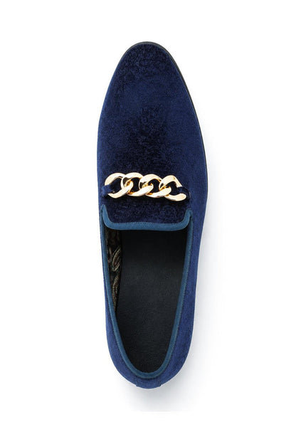 Men's Navy Floral Velvet Gold Chain Wedding Loafers