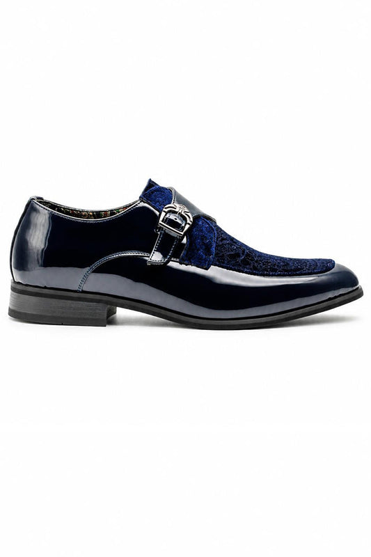 Men's Navy Floral Velvet Monk Strap Dress Shoes